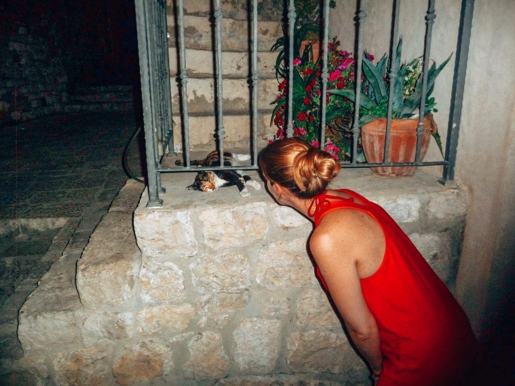ragazza con gatto a Dubrovnik